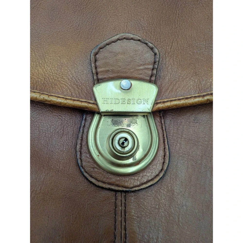 Hidesign Vintage Brown Leather Briefcase Plaid Lining Brass Hardware Messenger